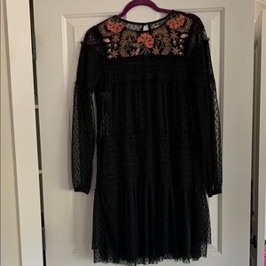 Anthropologie Floral Embroidered Black Dress